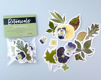 Sticker pack with dried leaves and pressed flowers, 16pcs, real viola, cannabis leaf, Herbarium decals for scrapbooking, sticker for macbook