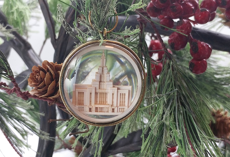 Saratoga Springs Temple Ornament Church of Jesus Christ Christmas ornament wedding missionary baptism Glass and Lasercut paper image 3