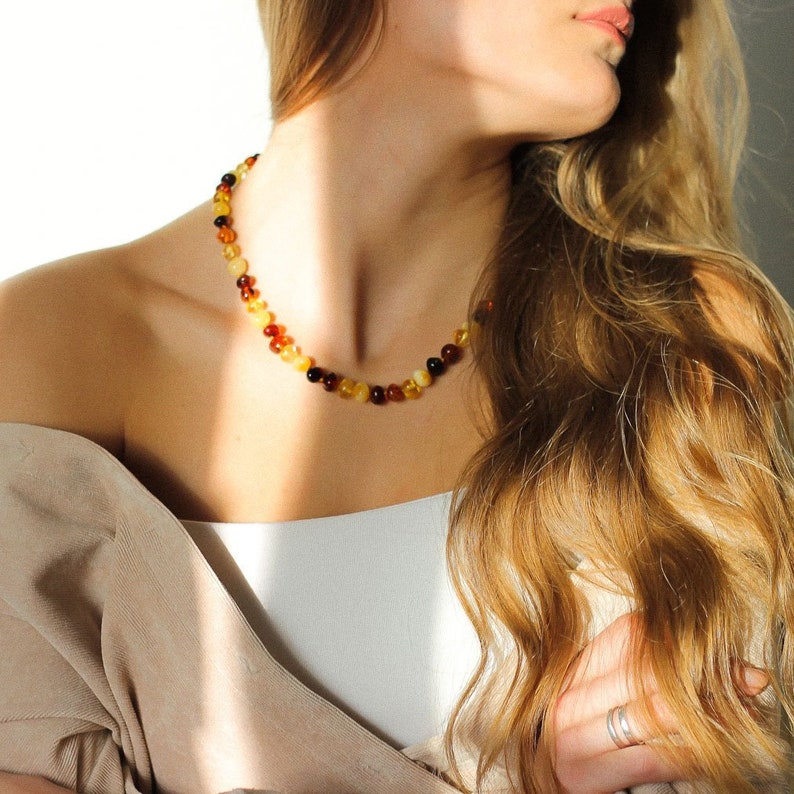 Gift ideas Stylish necklace for her Polished amber necklace from unique natural baltic amber beads AV01C Multicolour amber necklace