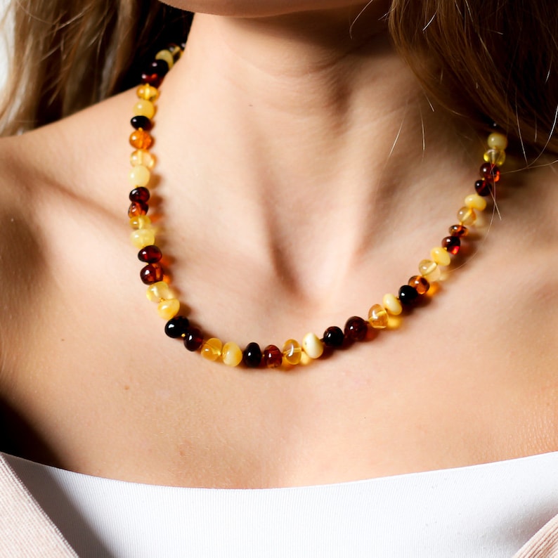 Gift ideas Stylish necklace for her Polished amber necklace from unique natural baltic amber beads AV01C Multicolour amber necklace