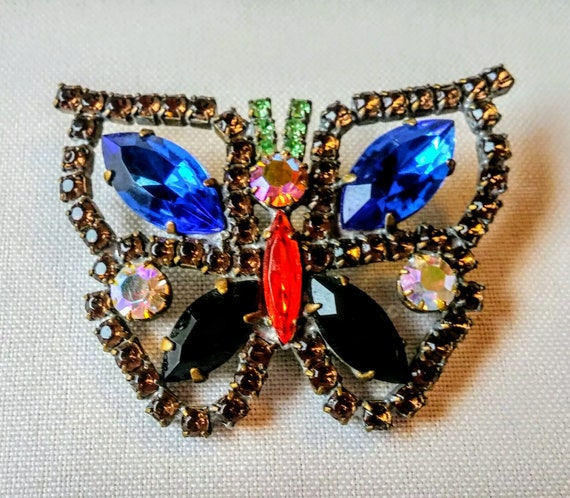 Antique MULTI Colored Rhinestone RS Butterfly Bro… - image 1