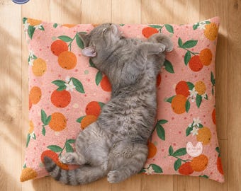 Japandi Orange Blossom Pink Fleece Pet Bed | Gift for Cat Lovers Dog Mom | Morning Garden Home Decor