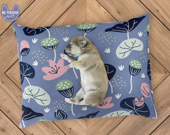 Cozy Floral Pet Bed - Pet Cushion with Japanese Style Pattern of Lotus Flower with Seeds in Indigo Blue | Pet Furniture for Dog or Cat