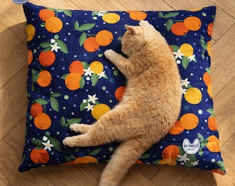 Midnight Navy Orange Blossom Fleece Pet Bed | Gift for Cat Lovers Dog Mom | Fruity Spirit Home Decor Cozy Indoor Nap Spot