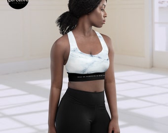 UPF 50+ Elegant Minimalist Marble Non-See-Through Longline Sports Bra in Clean White | Sport Fashion