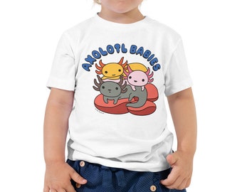 Toddler Short Sleeve Crew Neck Tee for kids | Cute and Happy Axolotl Babies Illustration | Black or White or Pink | Unisex