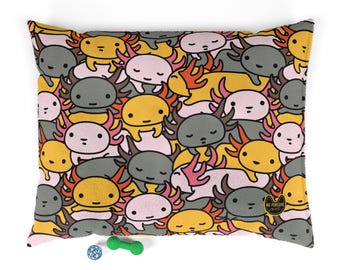 Axolotl-mönster husdjursbädd | Korallfleece | Lekfull amfibiedesign
