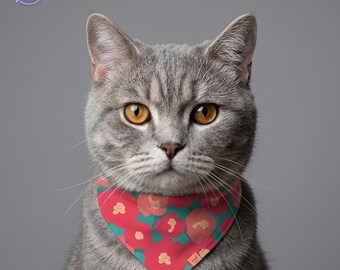 Tropical Red Hibiscus Flower Pet Bandana | Summer Floral Dog or Cat Scarf | For Small Breed Puppy & Kitten | Beach Vacation Pet Accessory