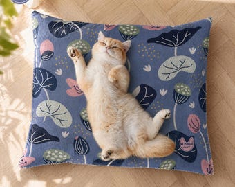 Japanese Lotus Indigo Blue Pet Bed | Coral Fleece Soft Cat Bed | Serenity Collection Floral Pet Cushion for Indoor Lounging