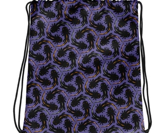 Drawstring Bag with Illustrated Axolotl Symmetrical Pattern in Purple and Black for Gym, Sport, Swim | M.C. Escher Style Art