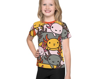 Axolotl Illustration Kids Tee | Colorful Crew Neck All Over Tshirt | Unisex