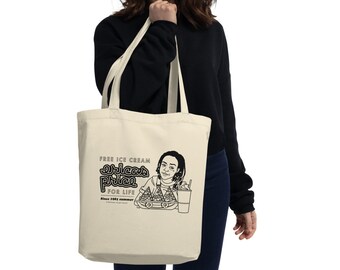 Stranger Things Eco Tote Bag with Illustration in Red for Weekend | Free Ice Cream For Life Quote by Erica Sinclair | Vintage Style