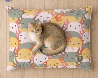 Pastel Axolotl Pattern Plush Fleece Cat Bed | Cute Salamander Pet Cushion for Kittens & Small Dogs | Aesthetic Kawaii Nursery Decor