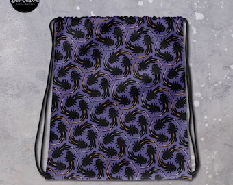Drawstring Bag with Illustrated Axolotl Symmetrical Pattern in Purple and Black for Gym, Sport, Swim | M.C. Escher Style Art