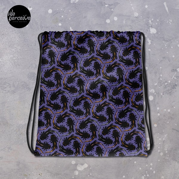 Drawstring Bag with Illustrated Axolotl Symmetrical Pattern in Purple and Black for Gym, Sport, Swim | M.C. Escher Style Art