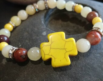 Valentine/'s Day cross bracelet birthday party gift idea Christmas Pink and snowflake tinted howlite cross bracelet