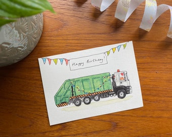 Bin lorry rubbish truck birthday card with Hendrix ginger cat