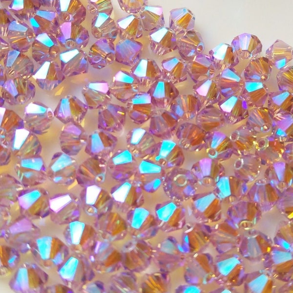 4mm Swarovski Light Amethyst AB 2X 5301 Bicone Crystals, 48 Pieces, Full Coated Swarovski Crystals