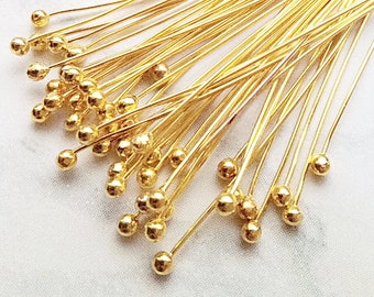 100 Bright Gold Plated Ball Head Pins - 2" 50mm - 24 Gauge - 0.5mm - Jewelry Findings - Gold Plated Headpins