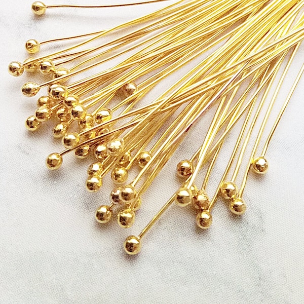 100 Bright Gold Plated Ball Head Pins - 2" 50mm - 24 Gauge - 0.5mm - Jewelry Findings - Gold Plated Headpins