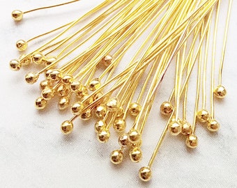 100 Bright Gold Plated Ball Head Pins - 1.5" 40mm - 24 Gauge - 0.5mm - Jewelry Findings - Gold Plated Headpins