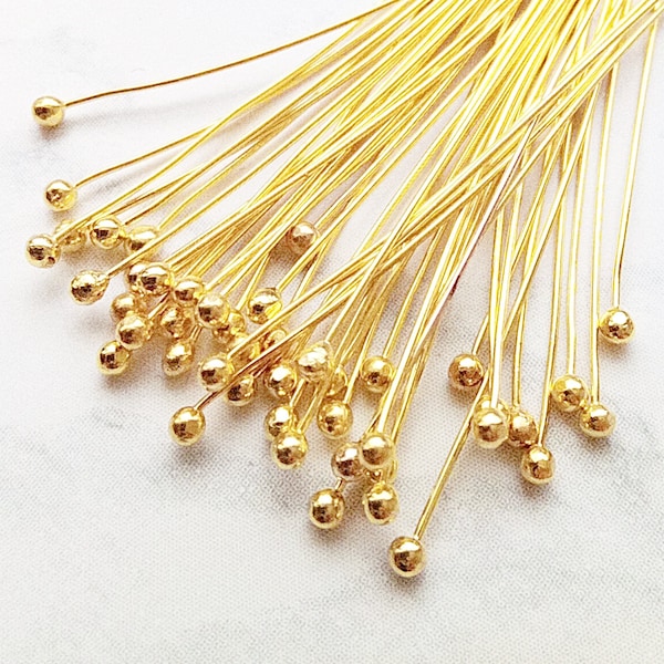 100 Bright Gold Plated Ball Head Pins - 1.5" 40mm - 24 Gauge - 0.5mm - Jewelry Findings - Gold Plated Headpins