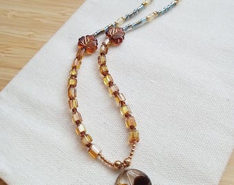 Czech Glass Leaf Necklace, Blue Amber Gold Necklace, Boho Nature Jewelry, Handmade Statement Necklace, Botanical Jewelry, Gift for HerBN015