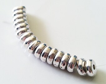 10 8mm Bright Silver Rondelle, Silver Plated Heishi Beads, Thick Spacer Beads, Tyre Beads, Faceted Rondelle, SP015