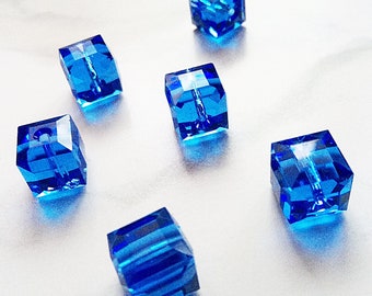 8mm 5601 Sapphire Swarovski Crystal Cube Beads - 2 Pieces -Blue Swarovski Crystal - Sapphire Crystal  - Austria Authentic - Spacer Beads