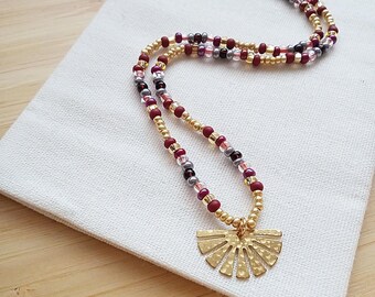 Red Czech Glass Necklace, Rustic Boho Jewelry, Hammered Brass Sun Charm, Artisan Statement Necklace, Handmade Gift, BN016