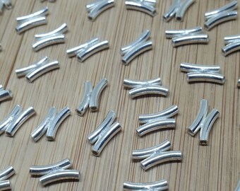 Curve Tube Beads Bright Sterling Silver Double Link Loose Spacers 6 Pieces - SB007