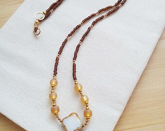 Amber and Coffee Layering Necklace, Warm Earthy Czech Glass Necklace, Layering Necklace, BN014