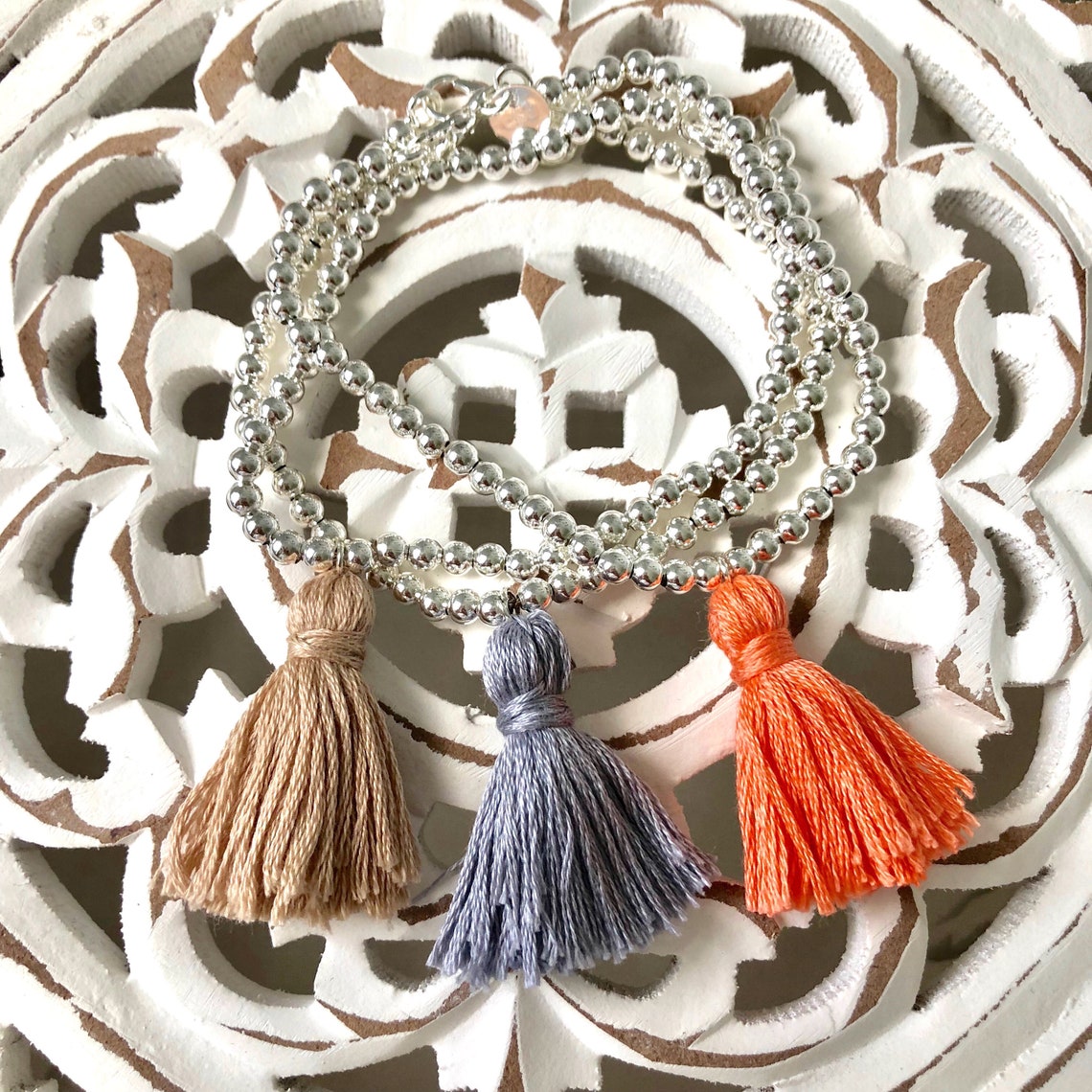 Silver Beaded Tassel Bracelet Etsy