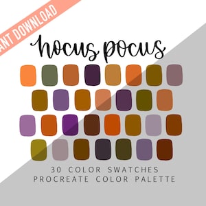 May include: A digital colour palette for Procreate called "Hocus Pocus" with 30 colour swatches in shades of orange, brown, purple, and green.