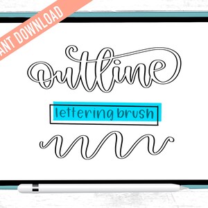 Puede incluir: Una ilustración digital de un pincel de letras con la palabra "outline" escrita en letra cursiva. El texto "lettering brush" está escrito en un rectángulo con fondo azul.