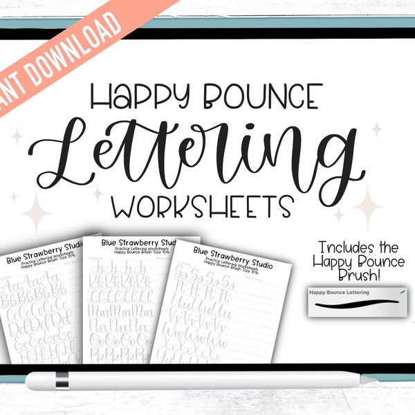 Happy Bounce Schriftzug Übungsarbeitsblätter für Procreate | Enthält den Pinsel! | Vollständige Alphabet-Schriftzug-Arbeitsblätter