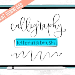 May include: A digital tablet screen displaying a calligraphy lettering brush font. The text on the screen reads "calligraphy lettering brush" and includes a sample of the font in the word "mmm".