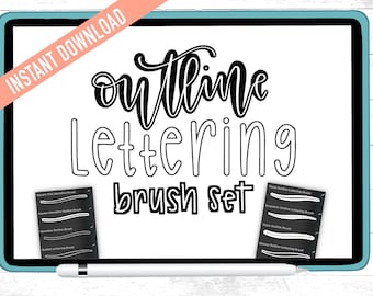 May include: A digital illustration of a white tablet screen with the text "outline lettering brush set" in black. The image shows a variety of brush strokes for creating outline lettering.