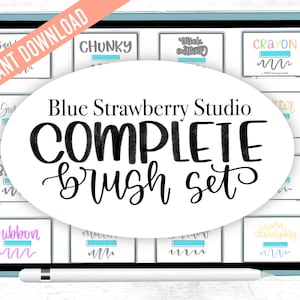 May include: A digital tablet screen displaying a collection of digital brush sets for use with a stylus. The brush sets are labeled with names like "Chunky", "Thick Outline", "Crayon", "Ribbon", and "Color Changing". The text "Blue Strawberry Studio COMPLETE brush set" is displayed in a large, stylized font.