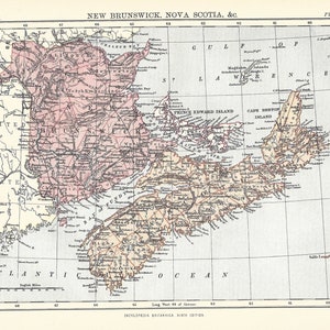 Carte ancienne NOUVEAU-BRUNSWICK, Nouvelle-Écosse, Canada de la 9e édition Encyclopaedia Britannica 1875-1889 - Cadeau original rare de carte du 19e siècle