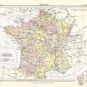 Mapa antigo FRANÇA nas províncias, EUROPA da 9ª edição Encyclopaedia Britannica 1875-1889 - impressão original rara do século 19 - presente exclusivo