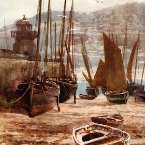 1911 St Ives Harbour Print: Cornish Riviera Vintage Watercolour