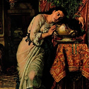 WILLIAM HOLMAN HUNT Oryginalny wydruk książki vintage „Isabella and the Pot of Basil” – obraz prerafaelitów – wyjątkowy prezent