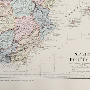 アンティーク スペイン & ポルトガル オリジナル 1889 年地図 - 希少な 19 世紀の大型地図 - 地図収集家へのユニークなギフト - 地図作成