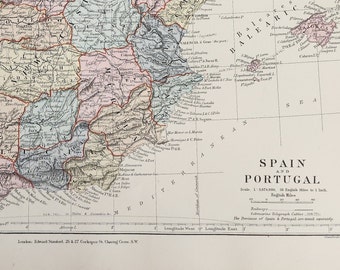 Mappa antica della Spagna e del Portogallo: stampa cartografia del 1889