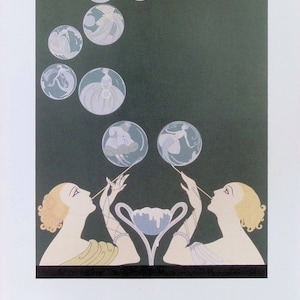 May include: Art Deco illustration featuring two women blowing bubbles, each bubble containing a stylized figure. The women have blonde hair and are dressed in flowing gowns. The bubbles float against a dark green background. The text "The Bubbles" is at the bottom.
