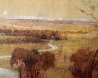 May include: A painting of a landscape with a winding river in the foreground. The river is surrounded by trees and hills, and the sky is a pale yellow. The painting is done in a realistic style, with soft brushstrokes and muted colors.
