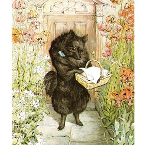 Puede incluir: Un perro negro con una cesta de tela blanca en sus patas se encuentra frente a una puerta de madera con un jardín floral a cada lado. El texto "THE VEAL AND HAM PIE" está impreso debajo de la imagen.