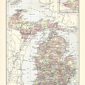 Antique Map MICHIGAN, USA from 9th Edition Encyclopaedia Britannica 1875-1889 - Original Rare Victorian map - Unique gift Housewarming gift
