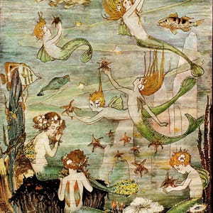 Vintage Pixie O. Harris Print: Meerjungfrauen & Meeresungeheuer